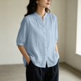 thumbnail image 4 of Uootdi Linen Tops for Women Mandarin Collar Half Sleeve Floral Embroidered Stripe Womens Tops Relaxed Fit Lightweight Womens Shirts for Women, 4 of 6