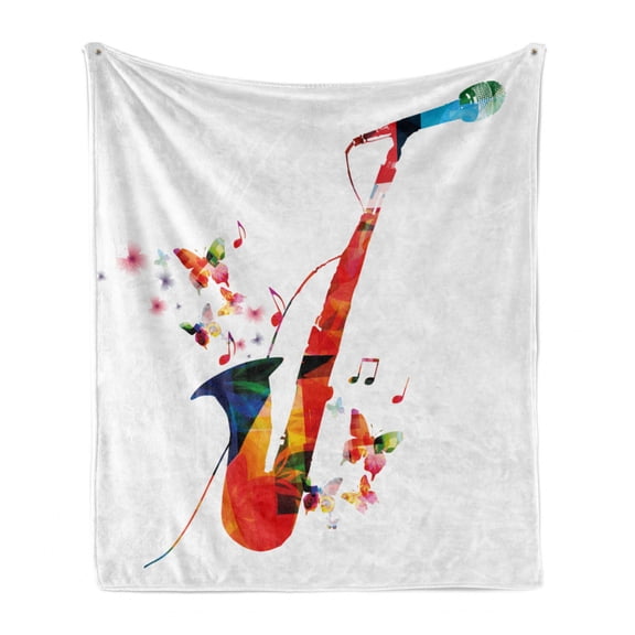 Music Soft Flannel Fleece Blanket, Jazz Theme Colorful Saxophone with Microphone with Butterfly Orchestra Harmony Design, Cozy Plush for Indoor and Outdoor Use, 60" x 80", Multicolor, by Ambesonne