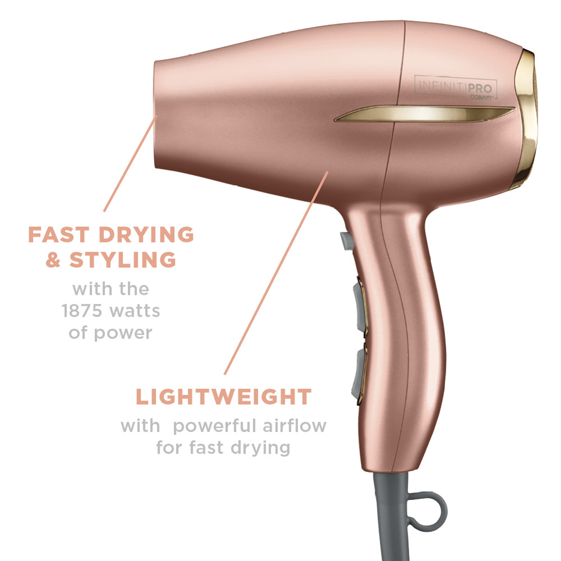 InfinitiPro by Conair Professional Ceramic Frizz-Free Compact Hair Dryer,  Ionic, 1875 Watts, Rose Gold - Walmart.com