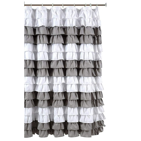 Waterfall Ruffled Nautical Stripe Fabric Shower Curtain (White/Silver
