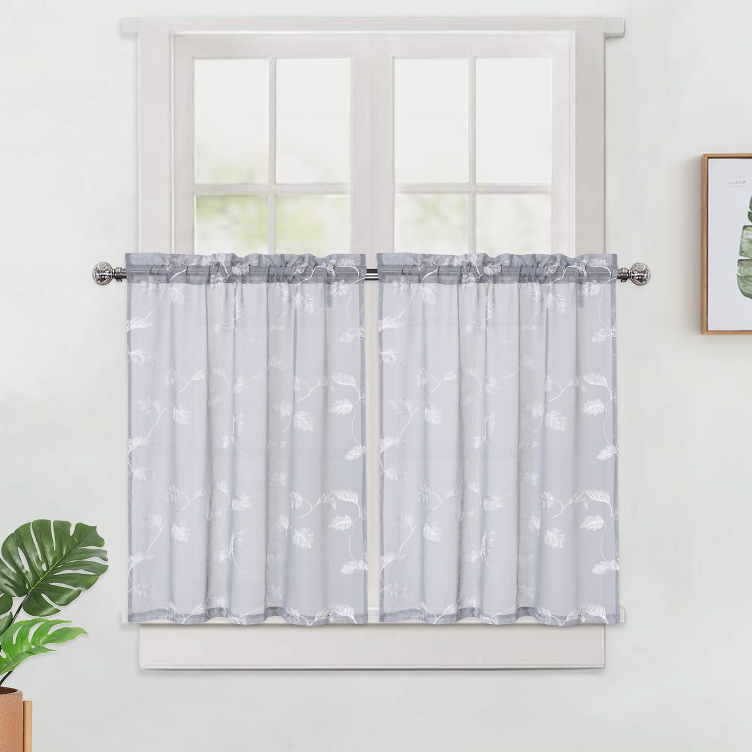 HOMERRY Embroidery Kitchen Curtains for Living Room 26'W x 36'L Linen Textured Look Short Window Curtain Kitchen Cafe Curtains, Gray, Set of 2