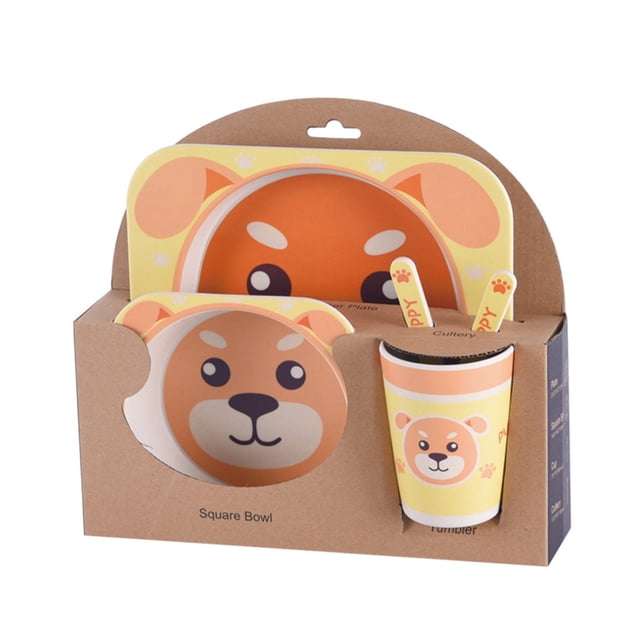 Juego de vajilla para niños 5 uds., Cuenco de dibujos animados de fibra de bambú para bebés, juego de vajilla para animales, taza para niños pequeños, cuchara, tenedor kenally JJ15200-17
