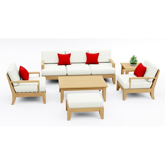 Atnas Teak Wood 6 Pc Sofa Set: Sofa, 2 Lounge Chairs, Ottoman, Coffee Table & Side Table With Cushions in Outdoor Sunbrella Fabric #5404 Canvas Natural