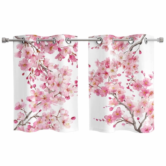Spring Peach Flowers Kitchen Curtains Window Panels, Pink Botanical Floral Leaves Branch Insulated Window Treatment Curtain, Grommet Curtains for Bedroom/Living Room/Bathroom, 2 Piece 27.5"Wx39"L
