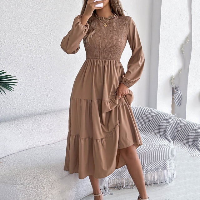 huilin Robe Maxi à Manches Longues pour Femme, Couleur Unie, Col Ras du Cou, Décontractée, Ample, Longue, pour Usage Quotidien