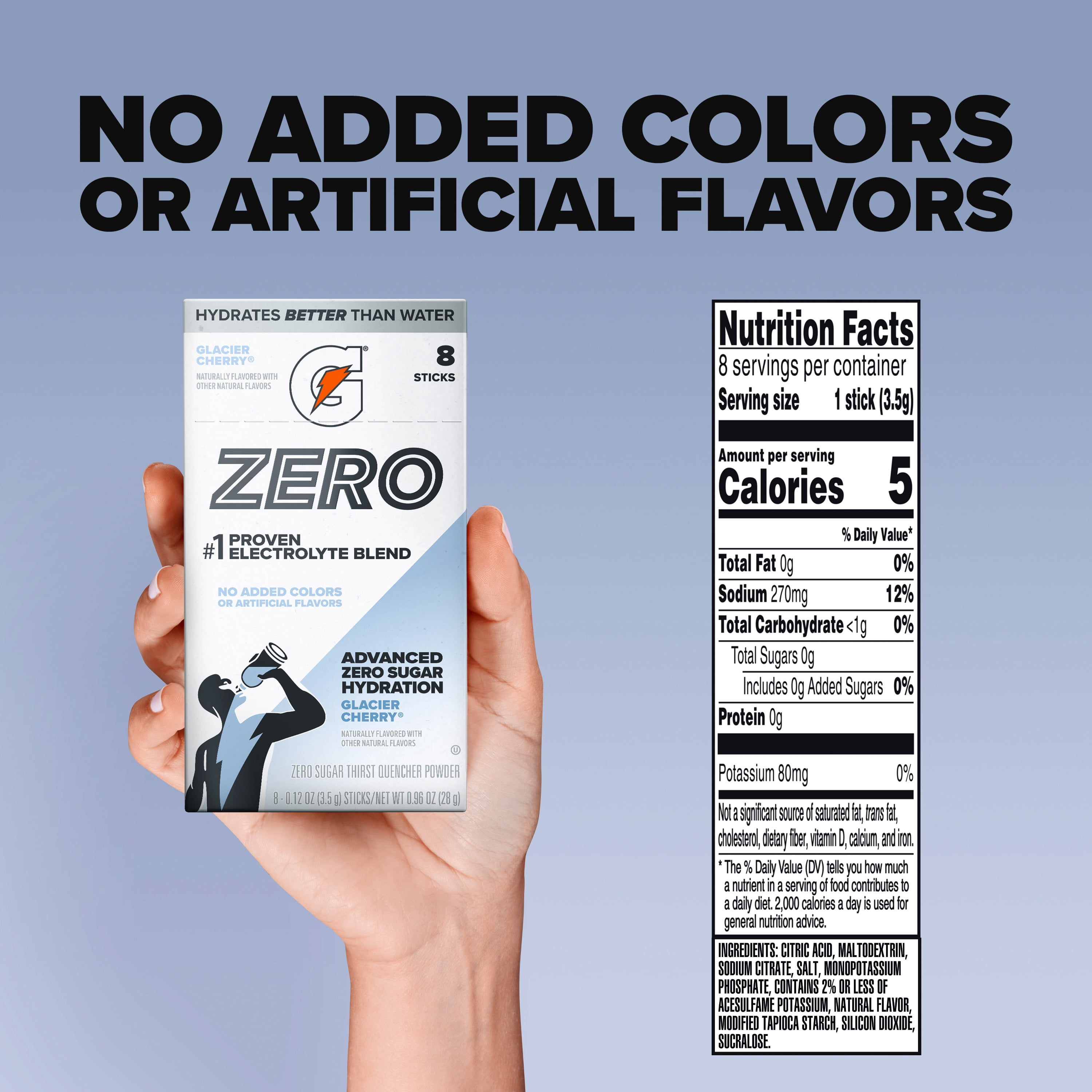 (12 pack) Gatorade Zero Sugar Glacier Cherry, On the Go Packs, Electrolyte Powder Drink Mix, 0.12 oz, 8 sticks
