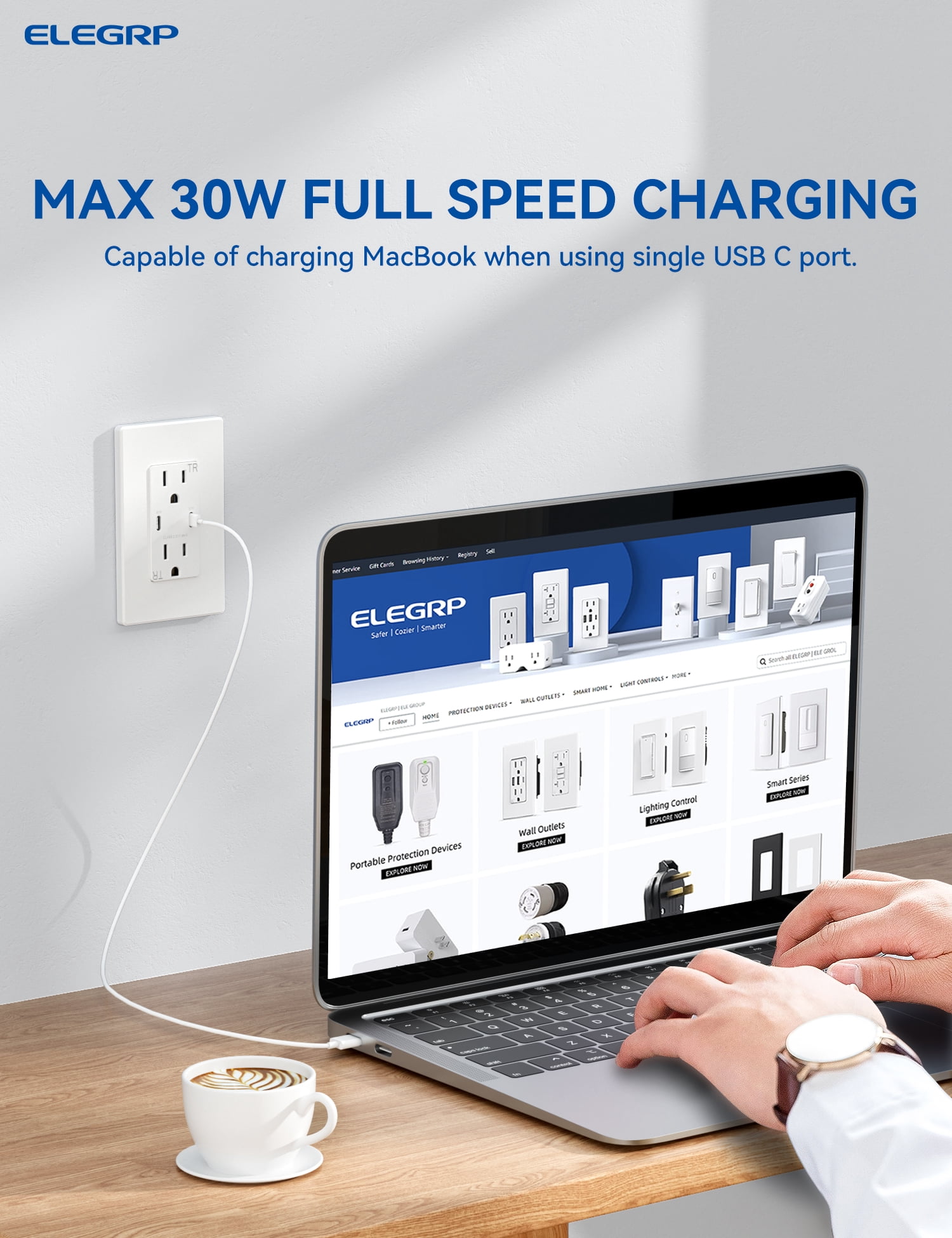 ELEGRP USB Outlets Receptacles, Each USB Port 30W Support Fast Charge Protocols for MacBook Air/iPhone/Samsung/iPad, 20 Amp Outlet with USB C Ports, Wall Plate included, UL Listed