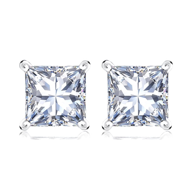 Aros Tipo Botón Solitario JeenMata con Moissanita de Corte Princesa de 2 Quilates En Baño de Oro Blanco de 18 K sobre Plata