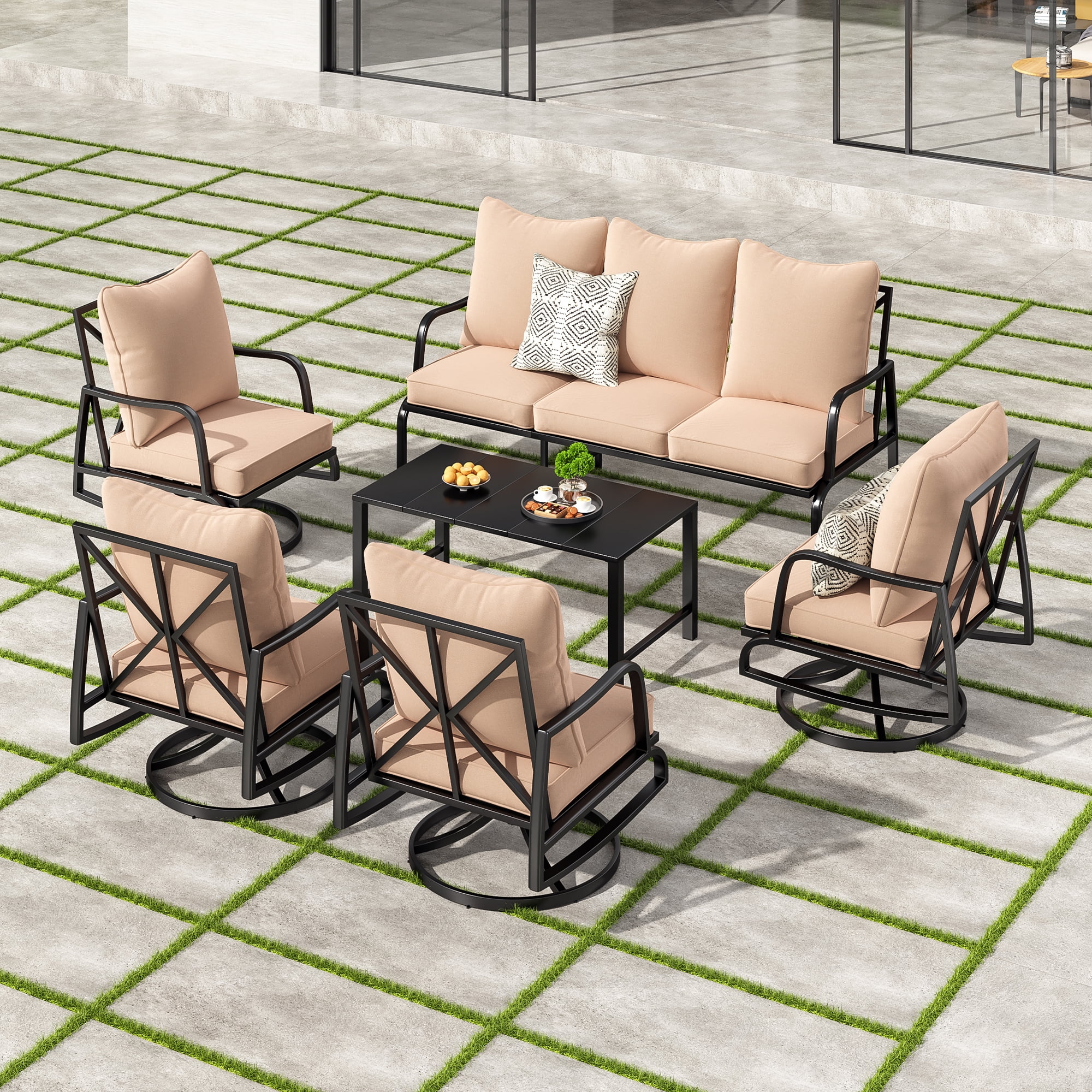 MAYEERTY 6-Piece Metal Frame Outdoor Patio Set with Swivel Chairs, Three-Seater Sofa, and Coffee Table