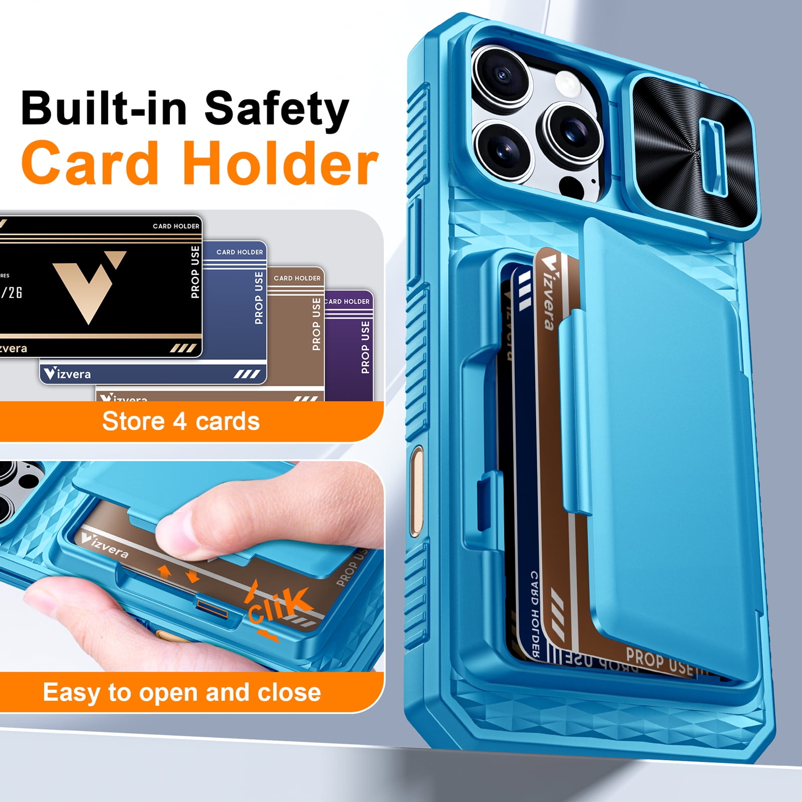Vizvera for iPhone 16 Pro Max Case Wallet RFlD [Cards Holder][Camera Control][Camera Cover] Full Body Rugged Shockproof Silicone Protective Phone Case for iPhone 16 Pro Max-Light Blue
