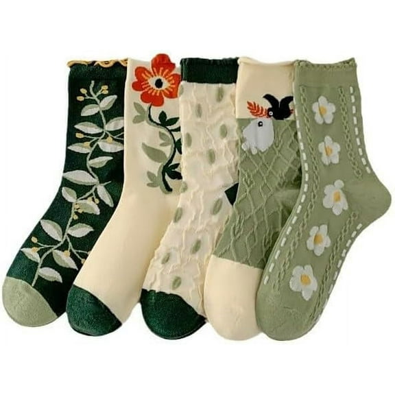 Zhengup Women's 5 Pairs Flower Coquettish Ruffle Socks Cottagecore Fairycore Ankle Socks Preppy Aesthetic Retro Crew Socks