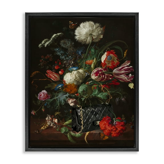 Stupell Industries Vintage Bouquet with Purse Botanical & Floral Painting Black Floater Framed Art Print Wall Art, 17 x 21