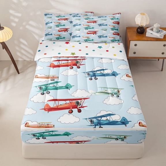 Homewish Colorful Cartoon Airplane Zipper Twin Comforter Sets with Fitted Sheet and 2 Pillowcases,Multicolor Aircraft Theme Zipper Bedding Set For Boys Kids,Reversible,4-Piece