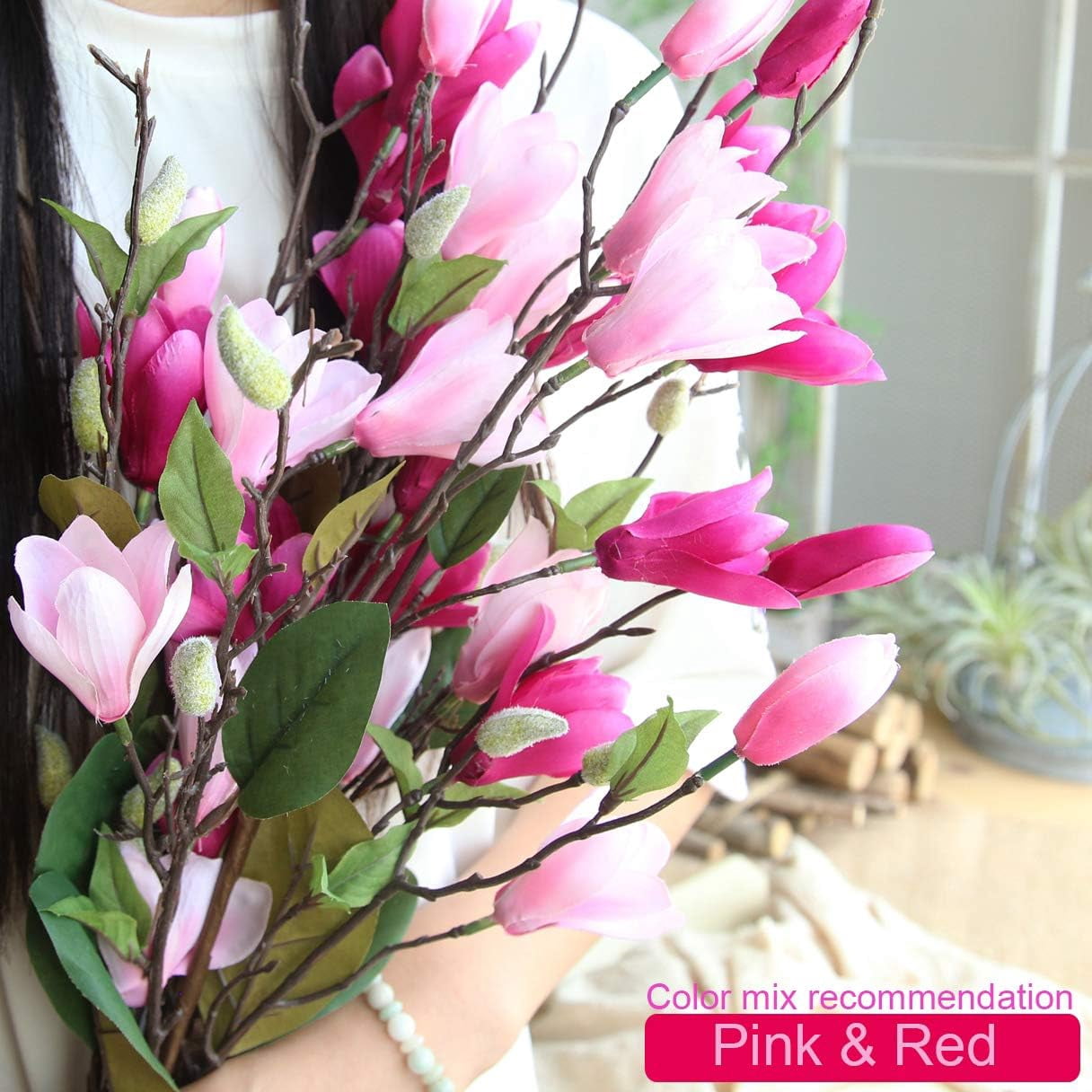 Artificial Flower 6pcs 30'' Long Stem Silk Magnolia Flower with 7 Blossoms and 2 Buds for Home Décor Housewarming Gift Wedding Bridal Bouquet Centerpiece Reception Hotel Restaurant(White)