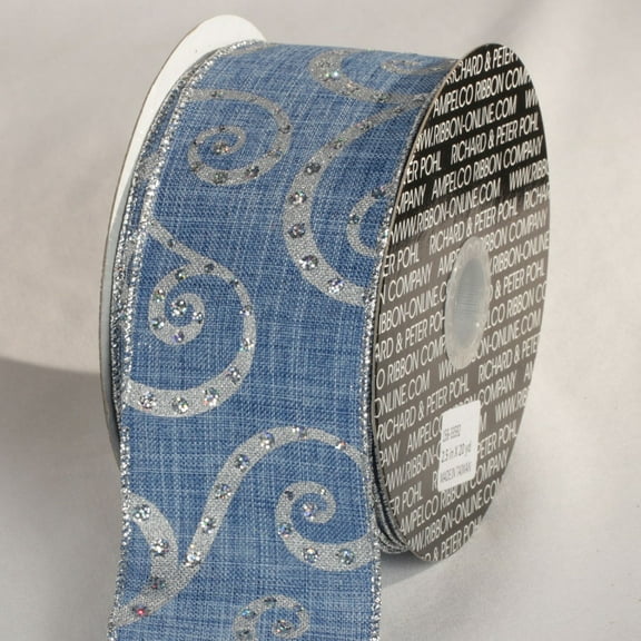 The Ribbon People Silver and Blue Swirl Motif Wired Craft Ribbon 2.5" x 20 Yards