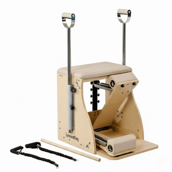 LeisureKing Pilates Combo Chair for Home Workouts, Wunda Chair with 5-Level Handles, Split Pedals, Resistance Bands, for Studio, Gym, Pilates Workout, Rehabilitation Exercises, Easy Assembly, Beige
