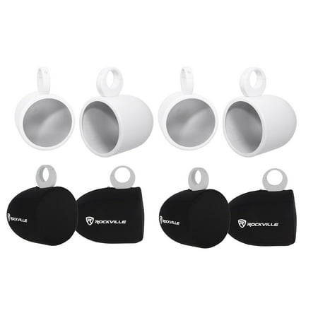 2) Pairs Rockville MAC90W 8" White Aluminum Wakeboard Tower Speaker Pods+Covers