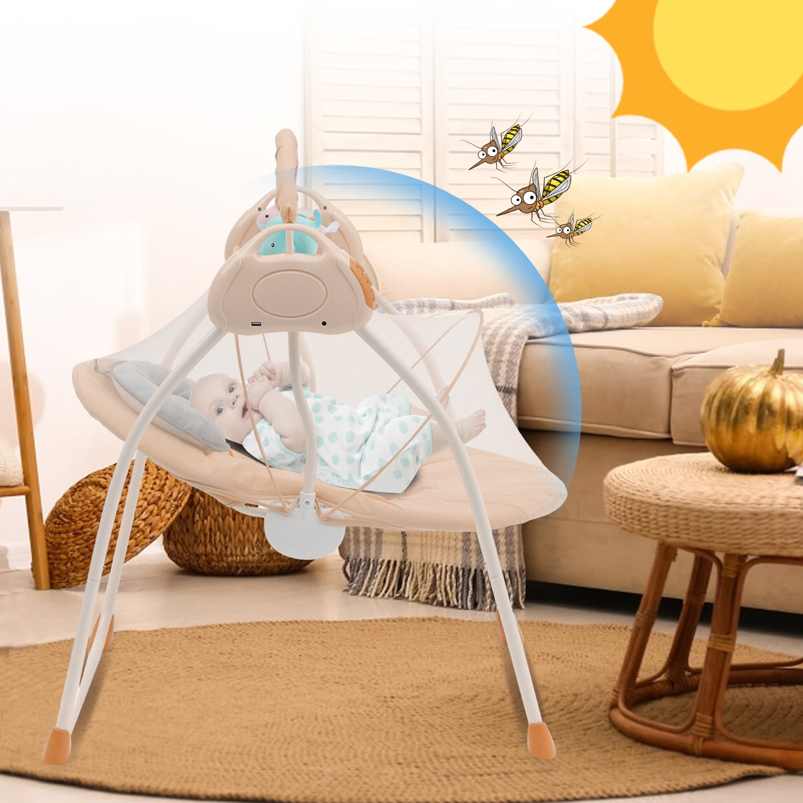 ANJORALA Baby Swings for Infants Toddler Portable Newborn Swing Bouncer, Bluetooth(Brown)