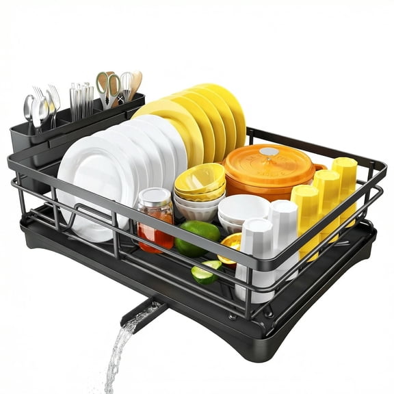 Gimgong Stainless Steel Foldable Dish Racks  with Drainboard, 11.8"D x 16.7"W x 5.7"H, Black