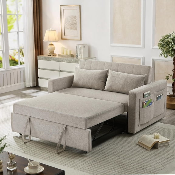Fabric Convertible Sofa Bed, Pull Out Sleeper Sofa Bed, Loveseat Couch with Side Pocket, 3 in 1 Convertible Sleeper Sofa Bed for Living Room, Apartment, Bedroom, RV
