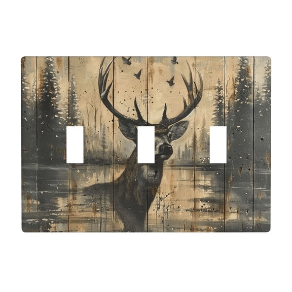 Deer Vintage Camo Art Black 3 Gang Light Switch Cover Decorative Triple Toggle Wall Plate for Kitchen Bedroom Bathroom Living Room Decor