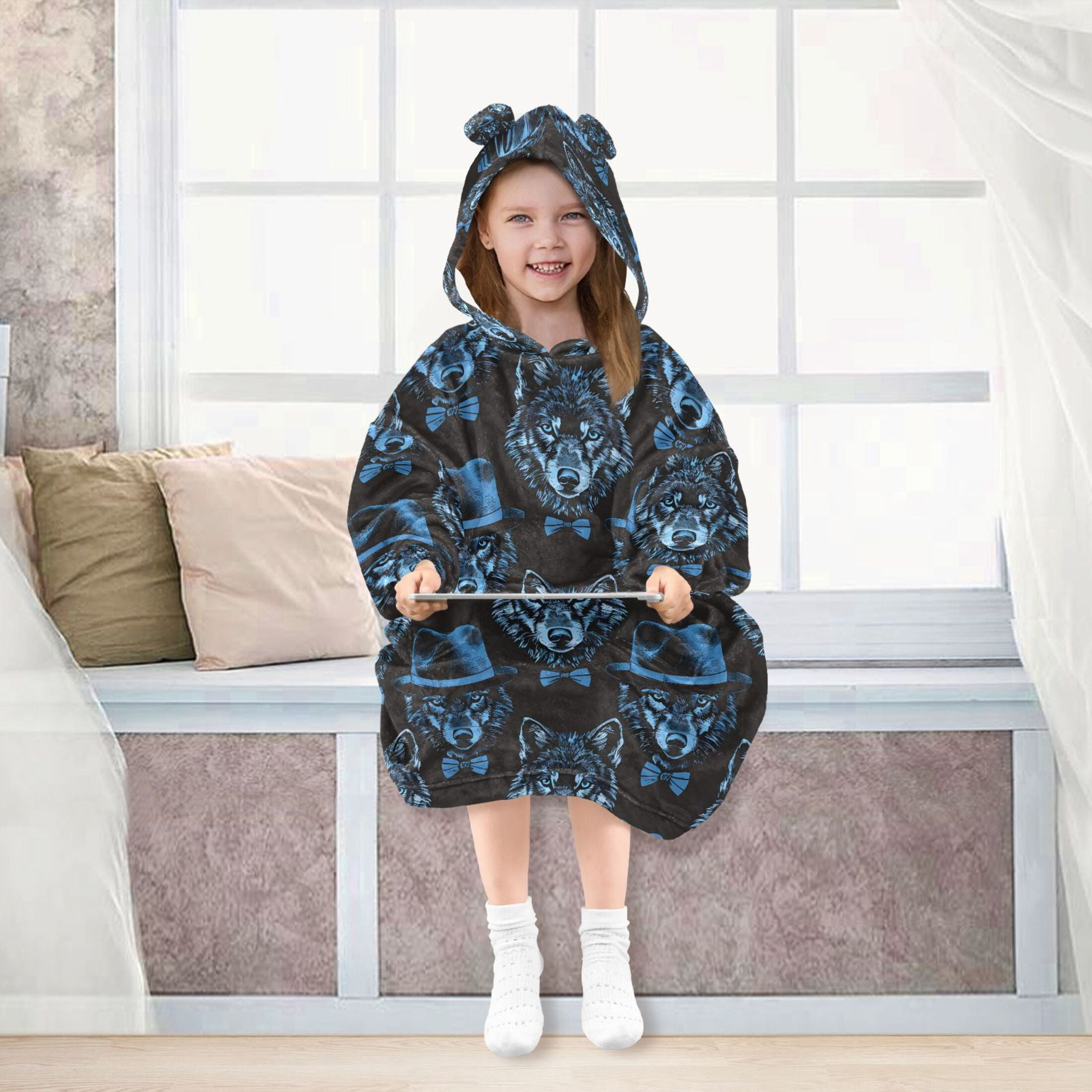 joogoo Blanket Hoodie for Blue Wolf with Hats Oversize Sweatshirt 3-14 YR L
