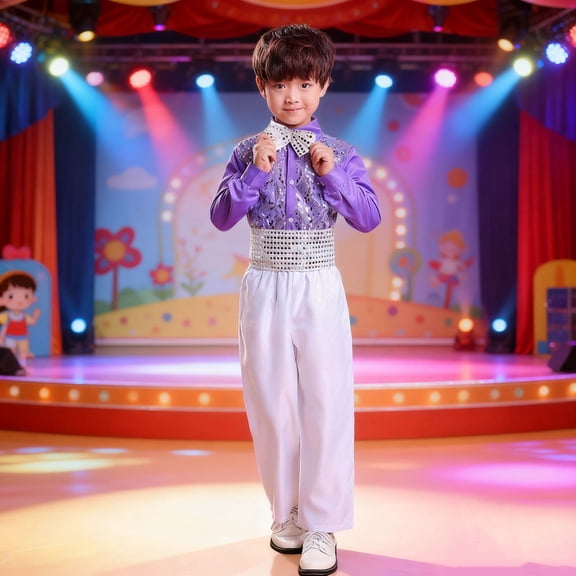 Purple Unisex Kids Shimmer Formal Outfit Set 4-14Y, 100% Polyester Top Pants with Bow Tie, School Wedding Performance Celebration Attire,Size 12-13T