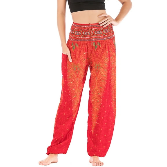 Women's Harem Boho Pants Summer Smocked Waist Loose Flowy Tapered Leg Baggy Hippie Genie Pants Gypsy Indian Bohemian Thailand Yoga Beach Pants Cinch Bottom Casual Joggers Red Small - X-Large