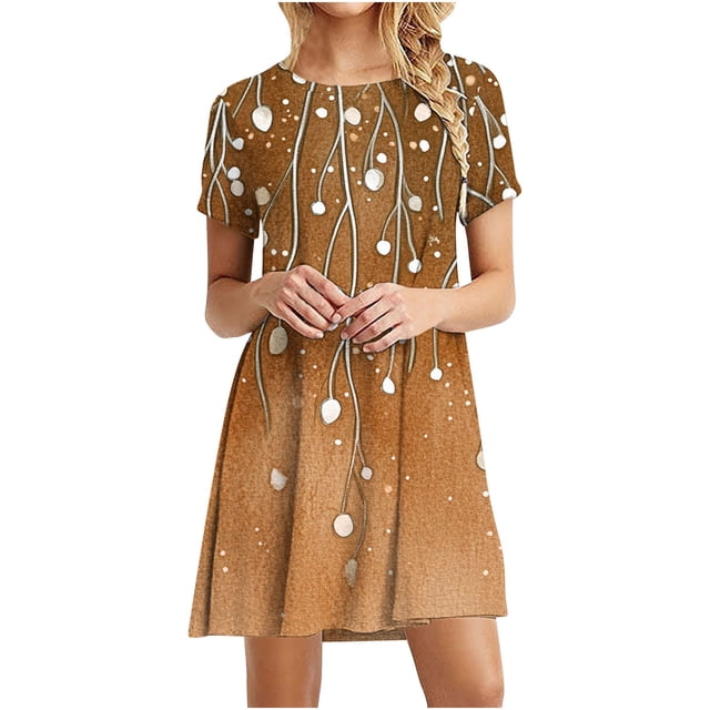 Vestido de Manga Corta para las Mujeres Casual Impreso Cuello Redondo, Vestido de las Señoras para la Primavera Y el Verano de Uso Diario