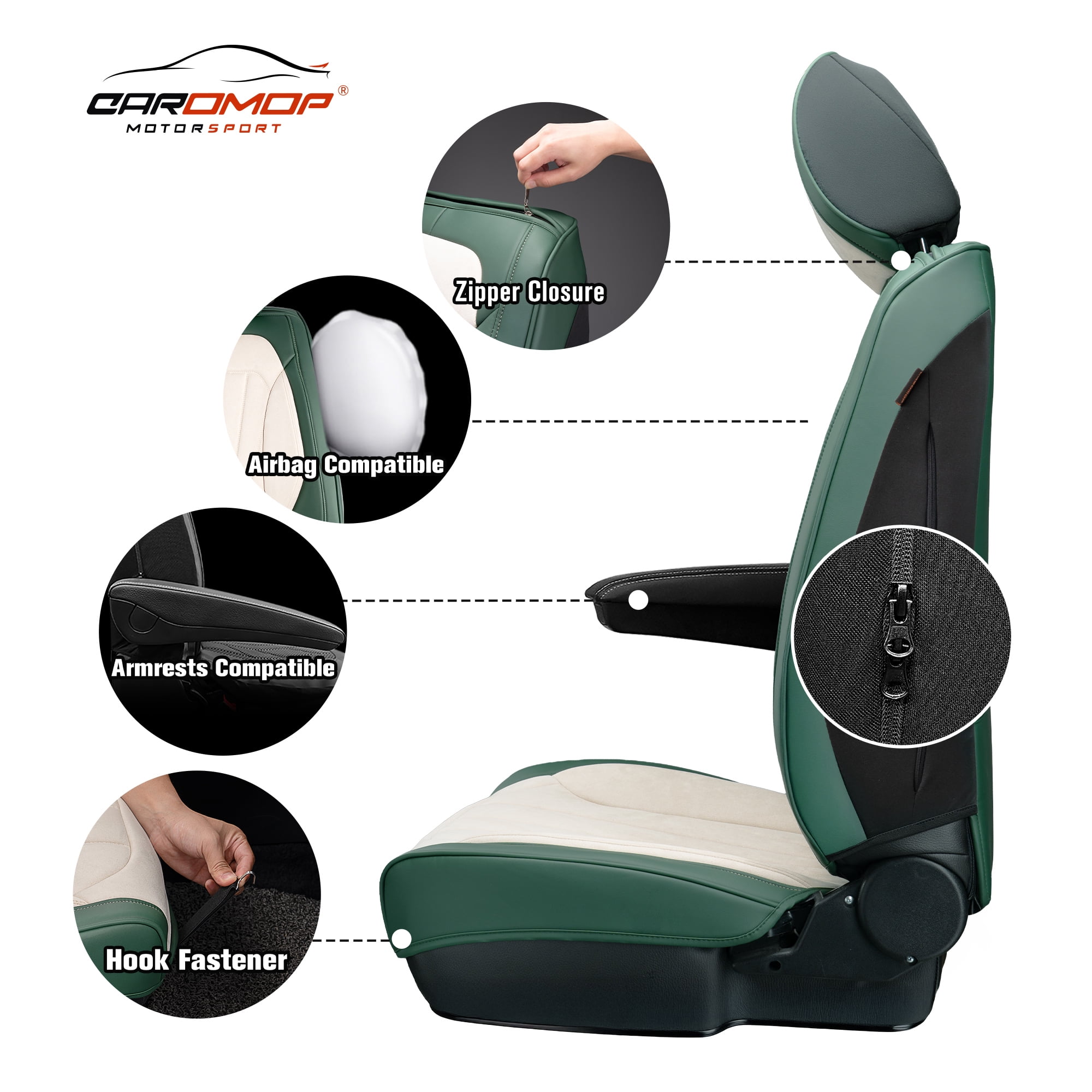 Caromop Universal Car Seat Covers Full Set,3D Foam Support in Velvet & PU Leather,Armrest Compatible for Cars, Trucks, SUVs (Beige/Green)