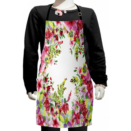 

Watercolor Flower Kids Apron Fresh Curly Willow and Dahlia Floral Summer Buds Pollen Hand Drawn Print Boys Girls Apron Bib with Adjustable Ties for Cooking Baking Painting Pink Green by Ambesonne