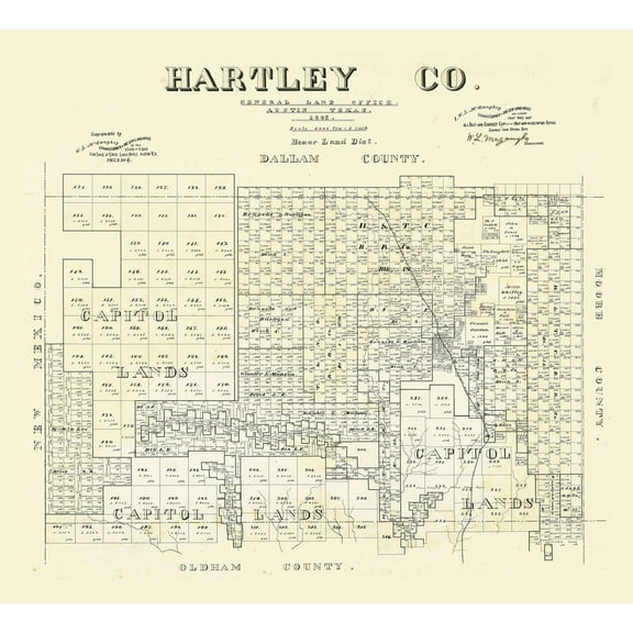 Historic County Map - Hartley County Texas - McGaughey 1892 - 25.35 x 23 - Vintage Wall Art