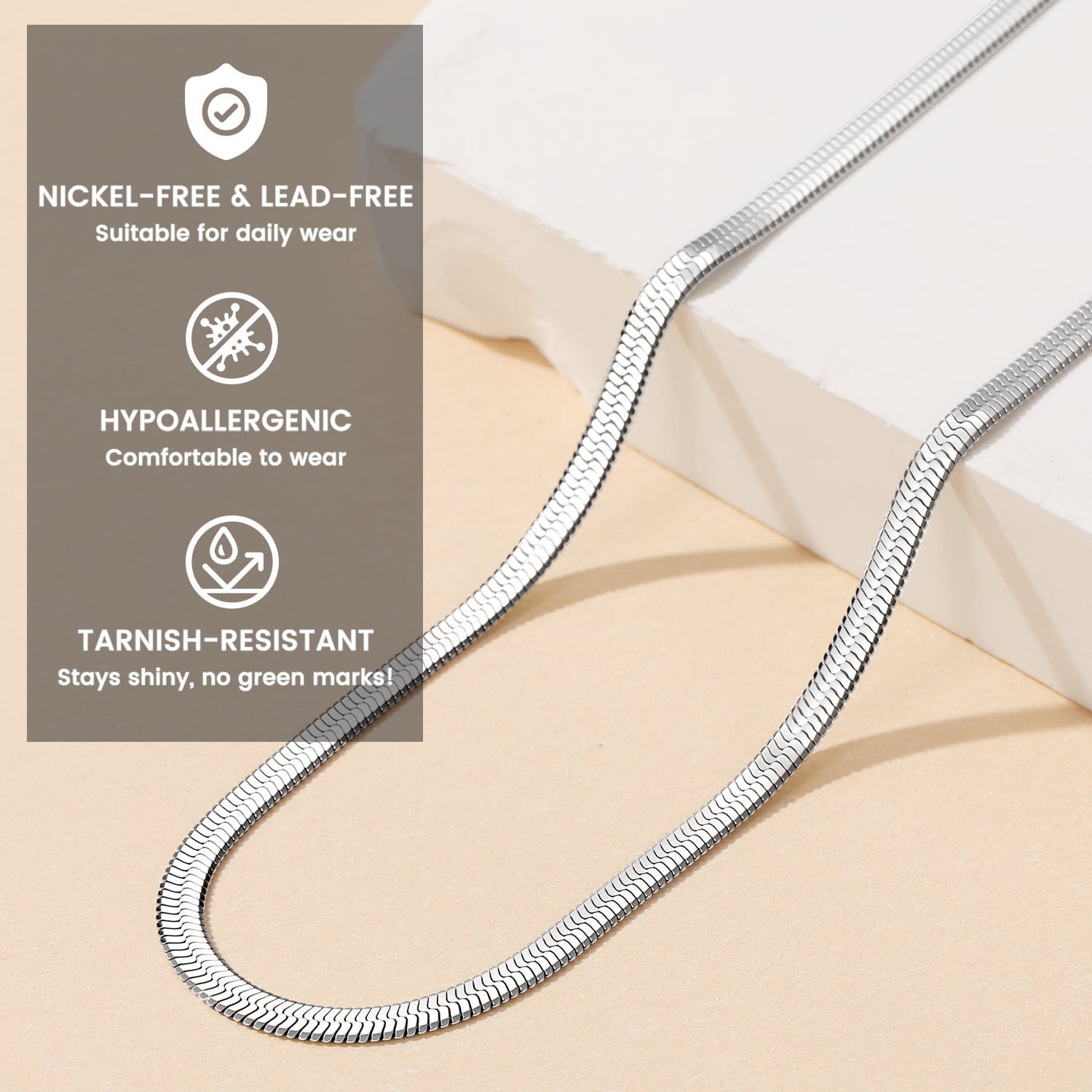 Bestyle Snake Chain Necklace for Women Dainty Herringbone Choker Stainless Steel Necklaces Everyday Wear Mother's Day Jewelry (3mm, 12.5")