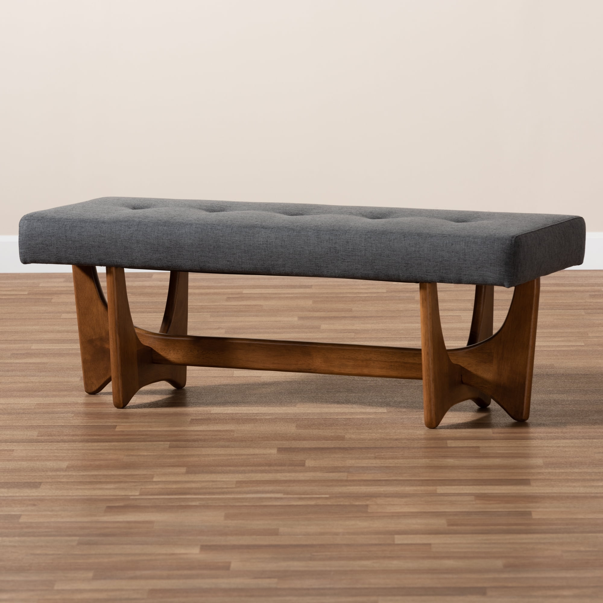 Baxton Studio Theo Mid-Century Modern Dark Gray Fabric Upholstered Walnut Finished Bench