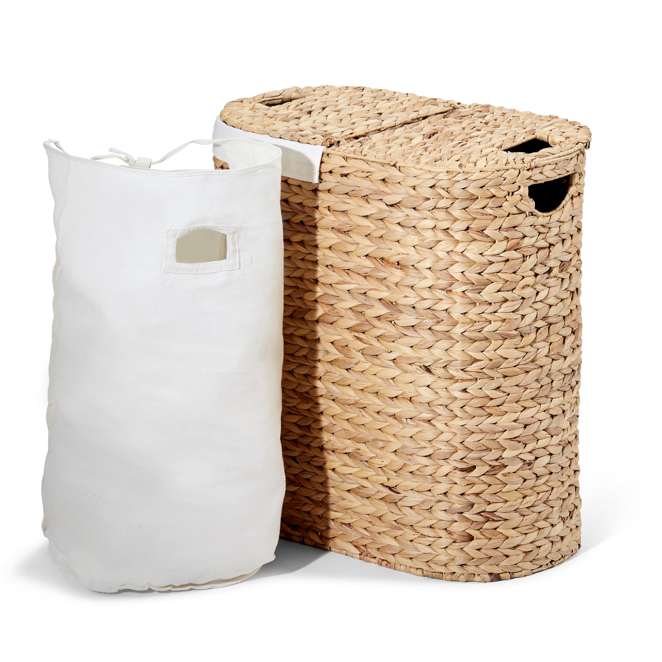 Seville Classics Premium Handwoven Portable Laundry Bin Basket with Carrying Handles, Household Storage for Clothes, Linens, Sheets, Toys, Water Hyacinth, Oval Hamper