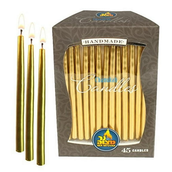 Ner Mitzvah, Gold Handmade Metallic Hanukkah Menorah And Birthday Candles - Standard Size (45 Pack)