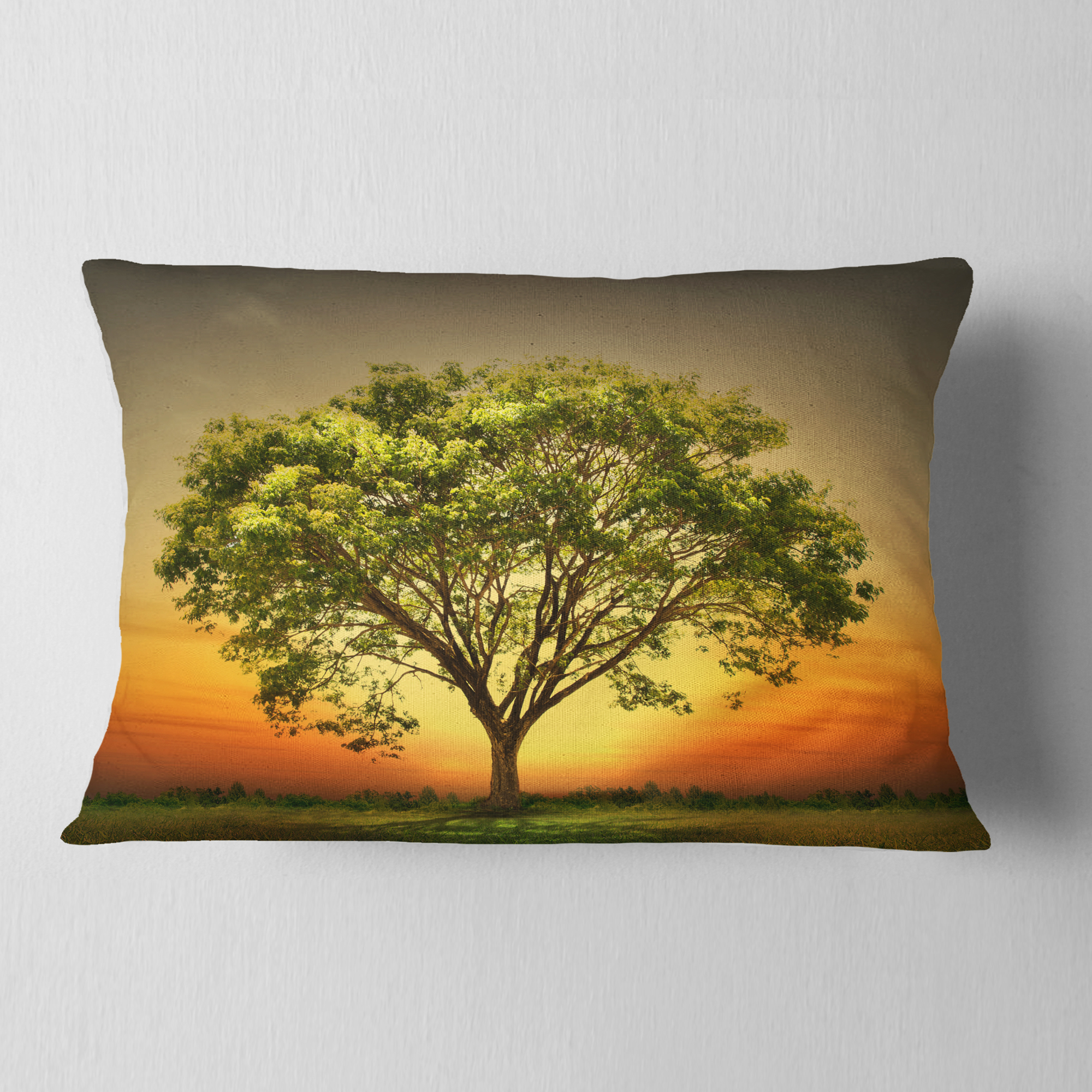 Designart Green Tree against Setting Sun - Trees Throw Pillow - 12x20