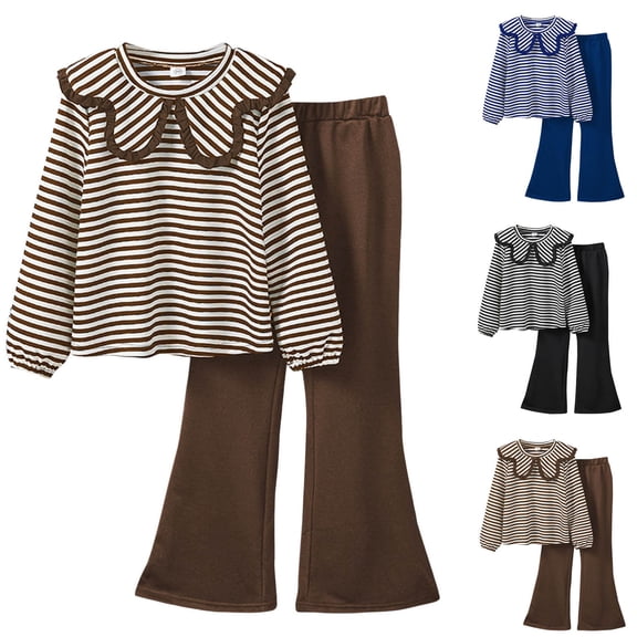 Bixock Toddler Girls 2-Piece Fall Set,Girls Clothing Set,Long Sleeve Collared Striped Top and Flared Pants Daily Casual Outfits for Girls Kids Clothings 8-15 Years