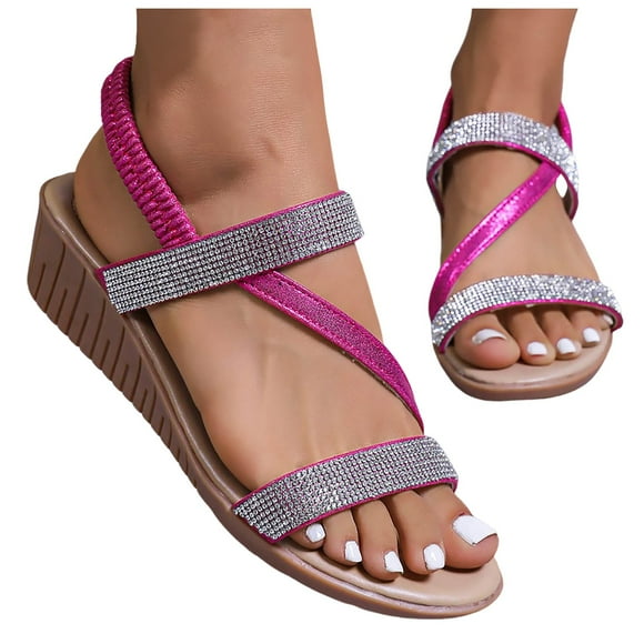 IUJSOY Wedge Sandals for Women Summer Low Wedge Comfort Sandals Rhinestone Strappy Casual Shoes
