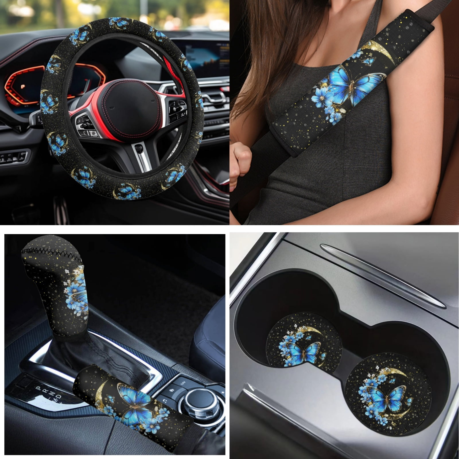 Yuyamidu Blue Butterfly Car Seat Cover Split Covers Moon Car Carpet Mats Blue Flower Steering Wheel Cover Seatbelt Pads Auto Handbrake Cover Set Coasters Auto Decor Set of 15