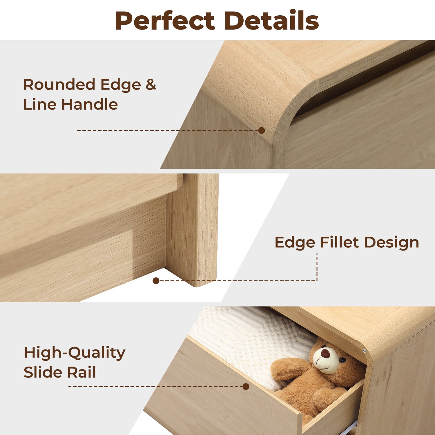 JULY'S SONG Modern 6 Drawer Dresser with Curved Edges Design, 47" Wide Wood Dresser for Bedroom, Chest of Drawers w/Natural Texture for Living Room, Light Brown