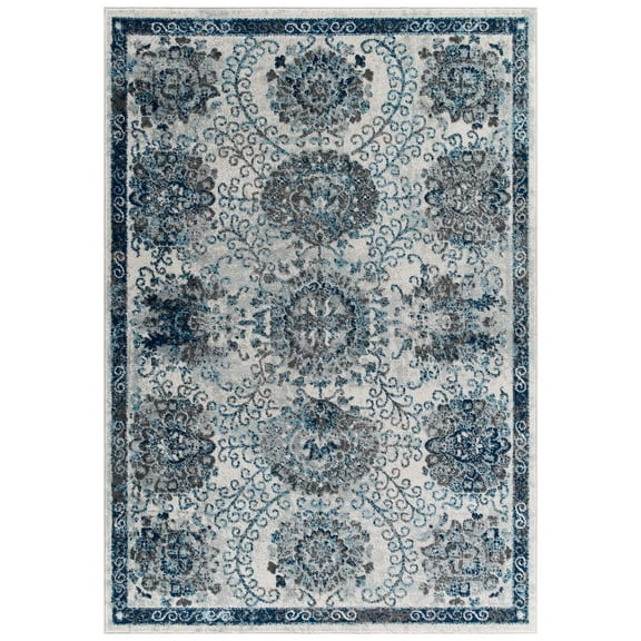 Modern Contemporary Urban Living Lounge Room Area Rug Runner Floor Carpet, Moroccan Distressed Vintage Style, Fabric, Blue Ivory White