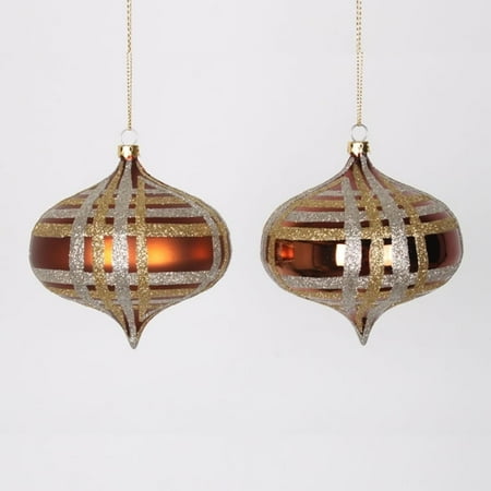 Champagne Bottle Ornament 4ct Copper w/ Champagne Gold & Silver Glitter Plaid Shatterproof Christmas Onion Ornaments 4
