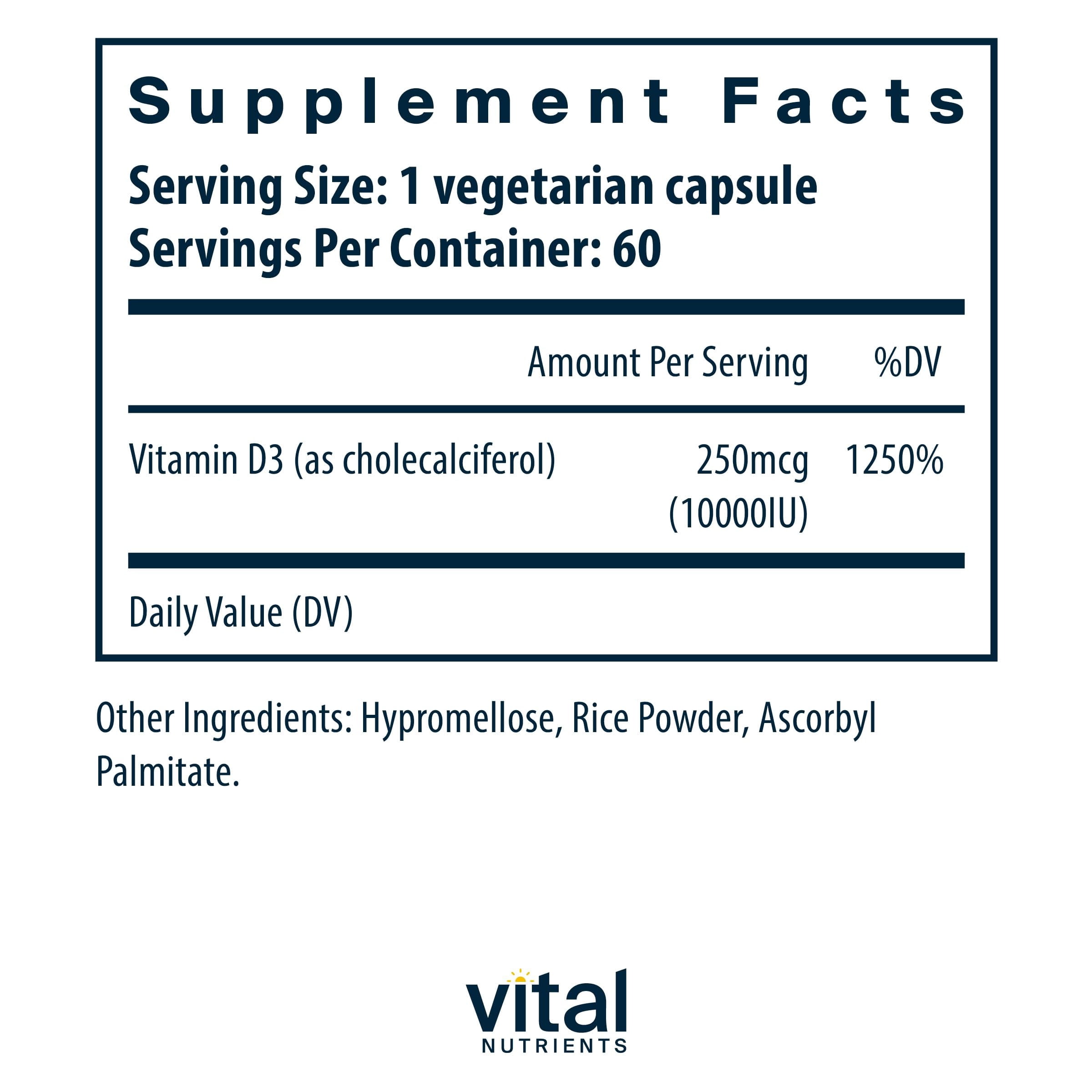 Vital Nutrients Vitamin D 10000 IU | Vitamin D3 Supplement | Healthy Bones, Teeth, Muscles| Cellular & Immune Function | Calcium Absorption | Gluten, Dairy and Soy Free | 60 Capsules