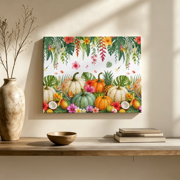 Thanksgiving Canvas Wall Art, Tropical Green Orange White Pumpkin Monstera Leaf Wall Art Prints Artwork Framed Canvas Ready to Hang Art Pictures for Living Dining Room Bedroom Hallway 30" x 20"