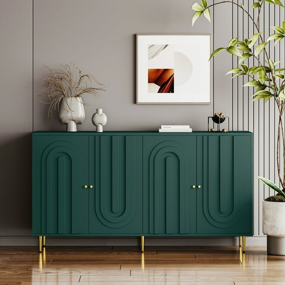Noble House 60" Modern 4-Door Wooden Sideboard Buffet, Adjustable Shelves, Concealed Hinges, Gold Accents, Green