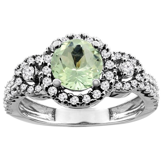 14K Yellow Gold Diamond Halo Natural Green Amethyst Ring Round 6mm, size 9