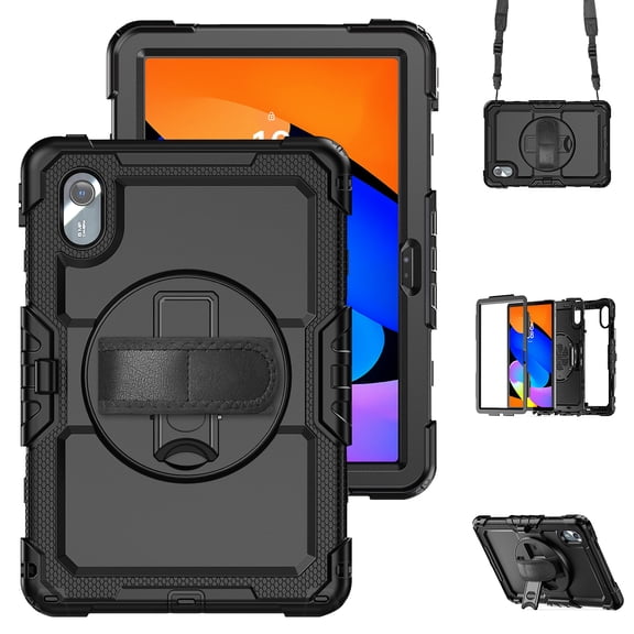 Dteck Full Body Protection Case for Lenovo Idea Tab 11" 2025 / Tab M11 2024 / Lenovo Tab K11 LTE 2024,Shockproof Silicone PC Case Built-in Screen Protector Stand Cover Hand/Shoulder Strap,Black