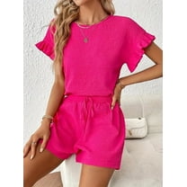 MORTTIC Women's Casual Ruffle Short Sleeve Top & Drawstring Shorts Set, Textured Summer Lounge Outfit, 2XL
