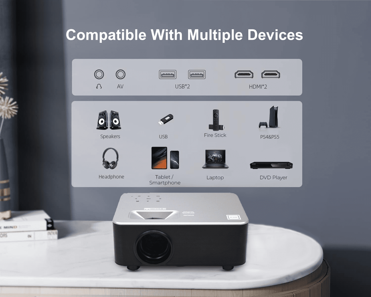 Restored RCA RPJ133 1080P, 30"-150" Picture Size, Built in Bluetooth, HDMI,USB, Remote,Voice Control, Indoor, Outdoor, Smart Home Theater Projector, Includes Roku Streaming Stick (Refurbished)